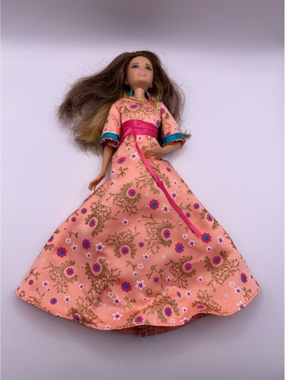 Mattel Barbie 29cm Brunette Doll Pink Floral Gown Teal Trim Long Dress Pre-owned